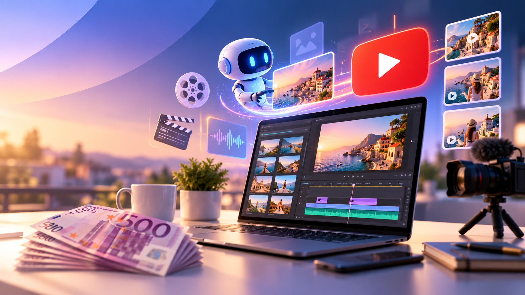 Poste de montage vidéo affichant une chronologie de production par IA, à côté d'un graphique de revenus YouTube et d'icônes représentant la publicité, l'affiliation, les partenariats et les prestations pour des clients.